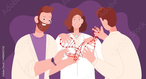 Scientists explore DNA. Scientist engineer study genome, scientific research gene modification, bio molecular analysis medical lab, explorer molecule, splendid vector illustration