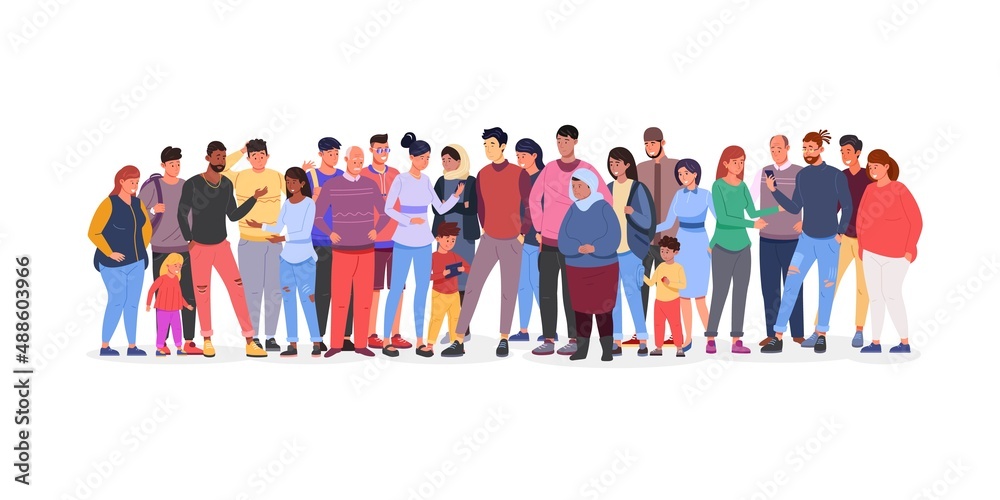 Diversity population. Multiethnic teens diverse people group, public society arab community crowd adult and teen person multiracial business union, flat vector illustration