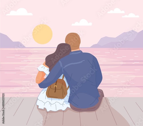 Couple hugging at sunset. Romantic date by ocean, family cuddle, love of tourists travel, pink sun on horizon sky, man hug woman back view