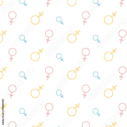 Vector seamless pattern with blue, yellow and pink venus symbols on white background for women's day.