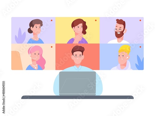 Internet speaking webinar. Elearning video web communication work people, business help on zoom computer or laptop, vector illustration