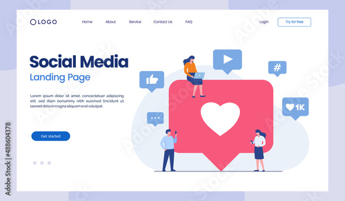 Social media marketing strategy concept, like, email, tags. flat vector illustration landing page