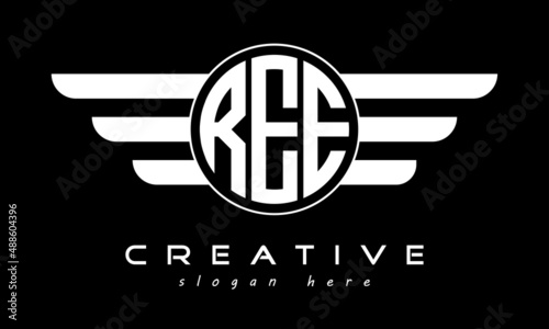 REE three letter monogram type circle letter logo with wings vector template.
