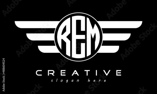 REM three letter monogram type circle letter logo with wings vector template.