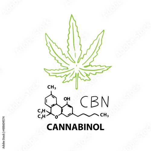 Cannabinol CBN banner concept with chemical formula and hemp cannabis leaf. Vector illustration banner in outline style isolated on white background