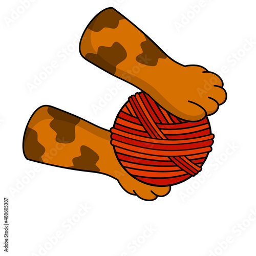 Cat paw hold skein of woolen threads. Hand caught ball. Cartoon illustration. Playful pet. Activity and fun of animal