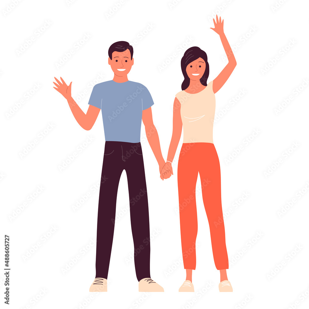 Fototapeta premium Young man and woman are standing on a white background. Happy couple holding hands. Greet with a hand gesture. Flat vector illustration isolated on white background