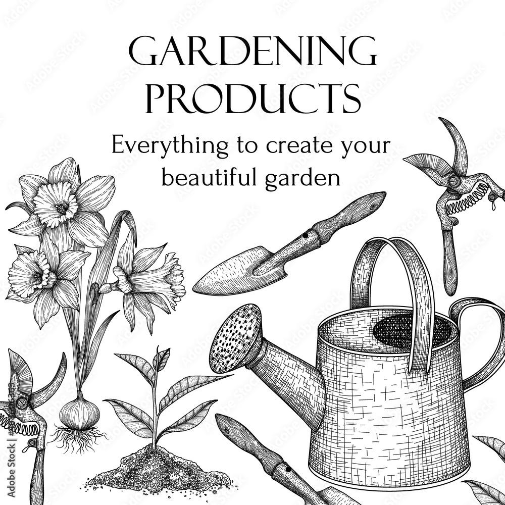 Vector illustration with graphic linear gardening items. A seedling of a narcissus flower, a sprout from a handful of ground, a watering can, a pruner, a garden shovel - obrazy, fototapety, plakaty 