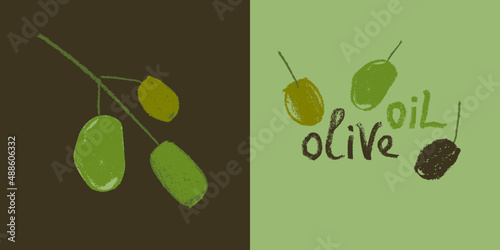 Vector green olive icon isolated. Olives branch drawing for Spanish Extra Virgin Olive Oil. Greek restaurant logo. Rustic food label, rustic product sign. Vegan handmade soap. Vegetarian cosmetics.
