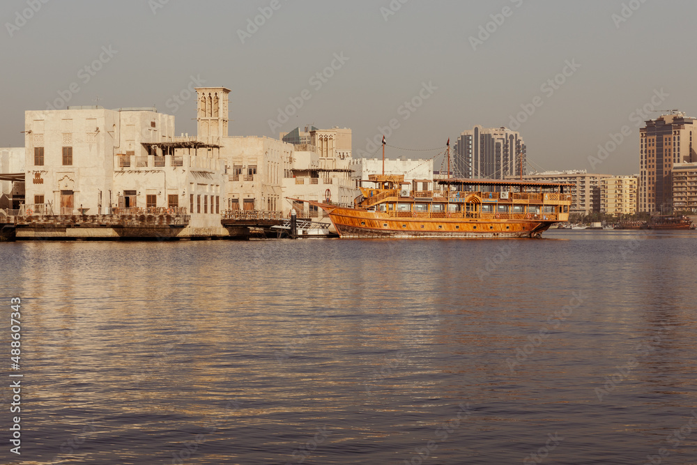 Traditional Arab Style Boats on the Bay Creek, Dubai Deira Old Town. United Arab Emirates. Middle East. 