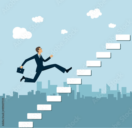 Un homme d'affaire grimpe en courant l'escalier de la réussite. Il s'élève au dessus de la ville qu'on voit en arrière plan. 
