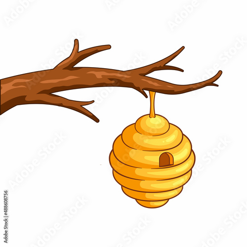 Honey bee hive on a tree branch vector isolated on white background.