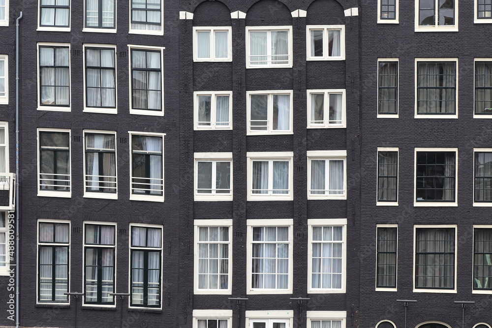 Amsterdam Damrak Canal Crooked House Facades Windows Close Up, Netherlands