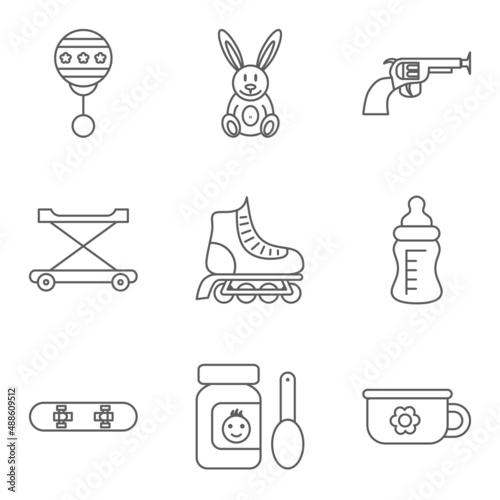 Baby thin line related icon set for web and mobile applications. Set includes rattle, rabbit, gun, walker, roller skateboard, feeding bottle, food, skateboard, potty. Logo, pictogram, infographic photo