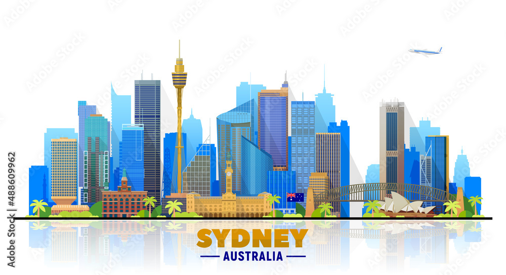Naklejka premium Sydney city architecture vector illustration, skyline city silhouette, skyscraper, flat design. Tourism banner design template with Sydney Australia.