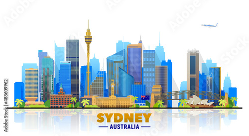 Sydney city architecture vector illustration, skyline city silhouette, skyscraper, flat design. Tourism banner design template with Sydney Australia.