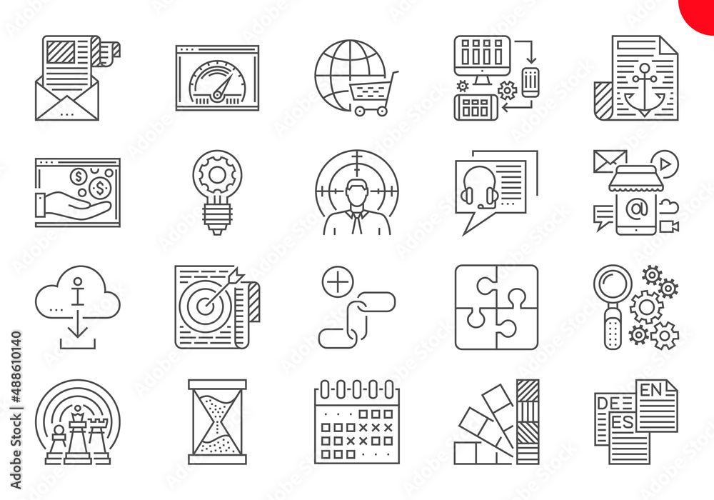 Fototapeta premium SEO Line Icons Set. SEO Related Line Icons. Website and APP Design and Development. Simple Mono Line Pictogram Pack. Stroke Logo Concept, Web Graphic