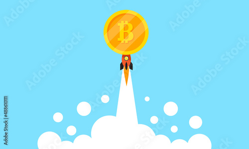 Bitcoin coins and rockets soar in the sky, bitcoin mining, digital money Cryptocurrency investment ideas