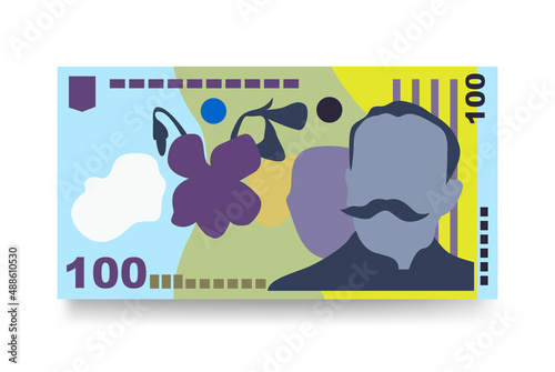 Romanian Leu Vector Illustration. Romania money set bundle banknotes. Paper money 100 RON. Flat style. Isolated on white background. Simple minimal design.