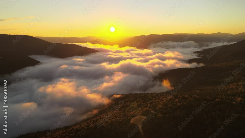Aerial view of bright foggy morning over dark mountain forest trees at autumn sunrise. Beautiful scenery of wild woodland at dawn Aerial view of bright foggy morning over dark mountain forest trees at autumn sunrise. Beautiful scenery of wild woodland at dawn