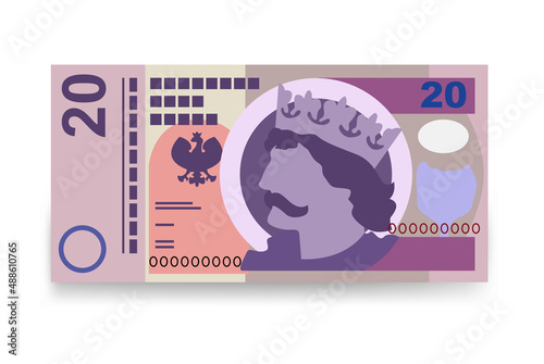 Polish Zloty Vector Illustration. Poland money set bundle banknotes. Paper money 20 PLN. Flat style. Isolated on white background. Simple minimal design. photo