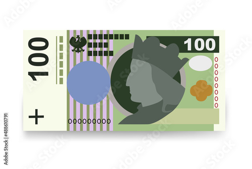 Polish Zloty Vector Illustration. Poland money set bundle banknotes. Paper money 100 PLN. Flat style. Isolated on white background. Simple minimal design.