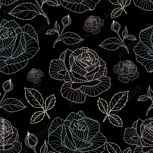 The floral textile pattern design. Great for retro fabric, wallpaper, scrapbooking projects. Black background.