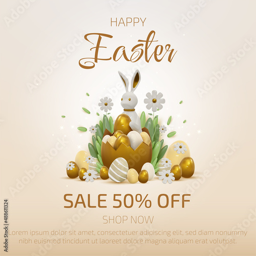 3d realistic bunny with gold easter egg elements with flower and leaf decorations.