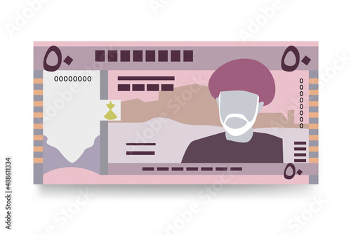 Rial Omani Vector Illustration. Oman money set bundle banknotes. Paper money 50 OMR. Flat style. Isolated on white background. Simple minimal design.
