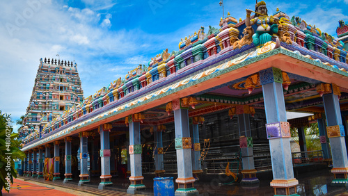 beautiful temple view of hindu mari amman temple with bluesky background