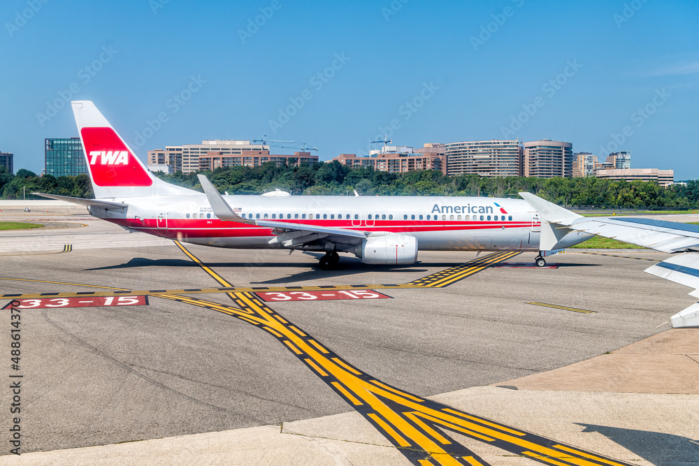 Washington DC, USA - August 25, 2021: Airplane window view of American ...