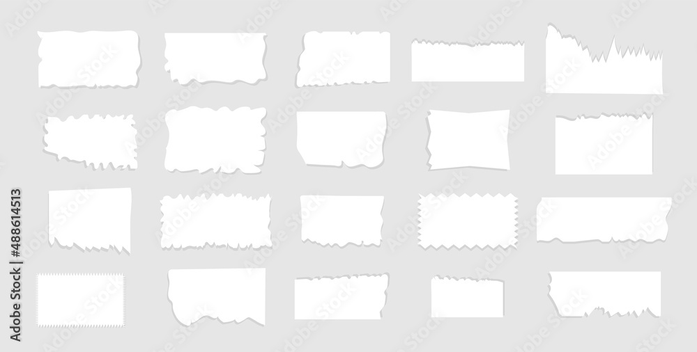 Torn paper. Scraps of paper. White texture edge. A piece of leaf on a gray isolated background. Page edge with shadow. Vector.