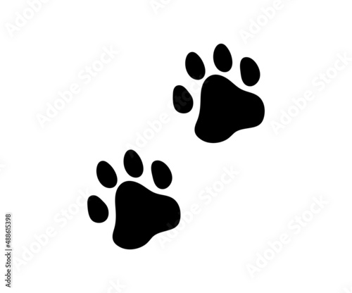 Dog footprint. Paws of a cat, puppy, pets. Silhouette of black paws isolated on white background. Cute cartoon logo. Vector