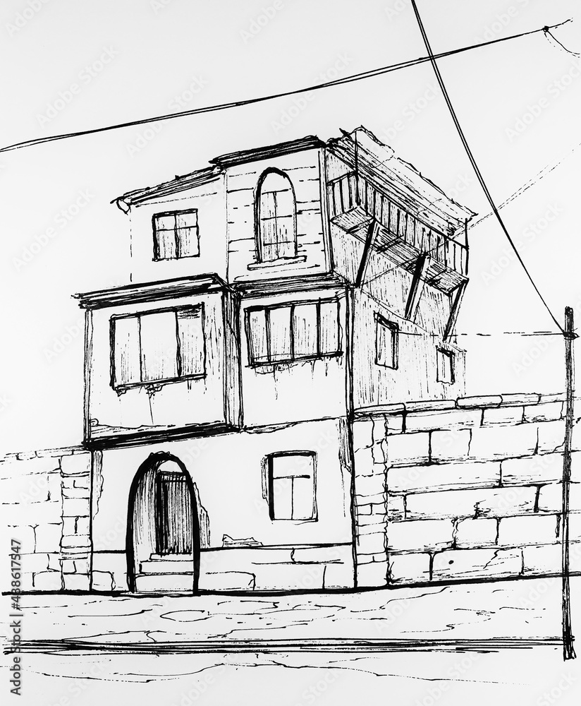 sketch of a house in the city