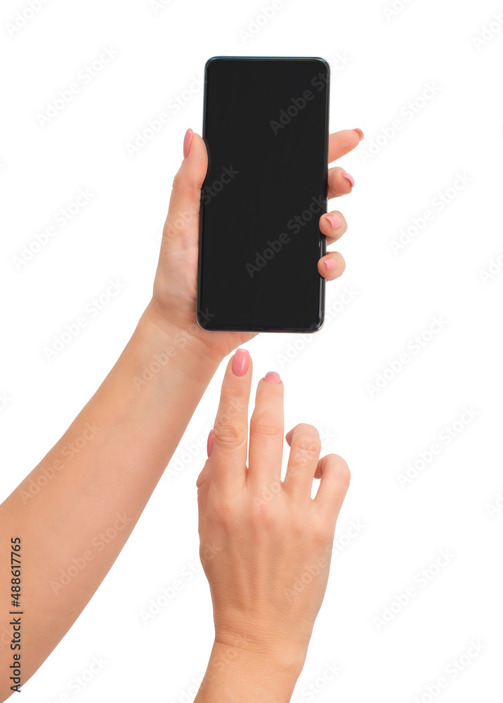 Female hands holding modern cellphone isolated on white background. Close up of woman hands using smart phone. Empty smartphone black screen. Female hands holding modern cellphone isolated on white background. Close up of woman hands using smart phone. Empty smartphone black screen.