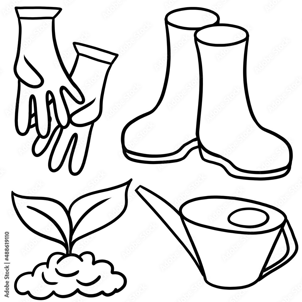 Obraz premium Monochrome illustration. Collection of garden and vegetable garden items, garden and vegetable garden care