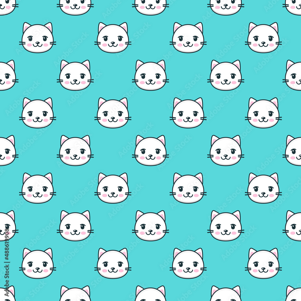 Seamless pattern with cute cartoon white cat faces
