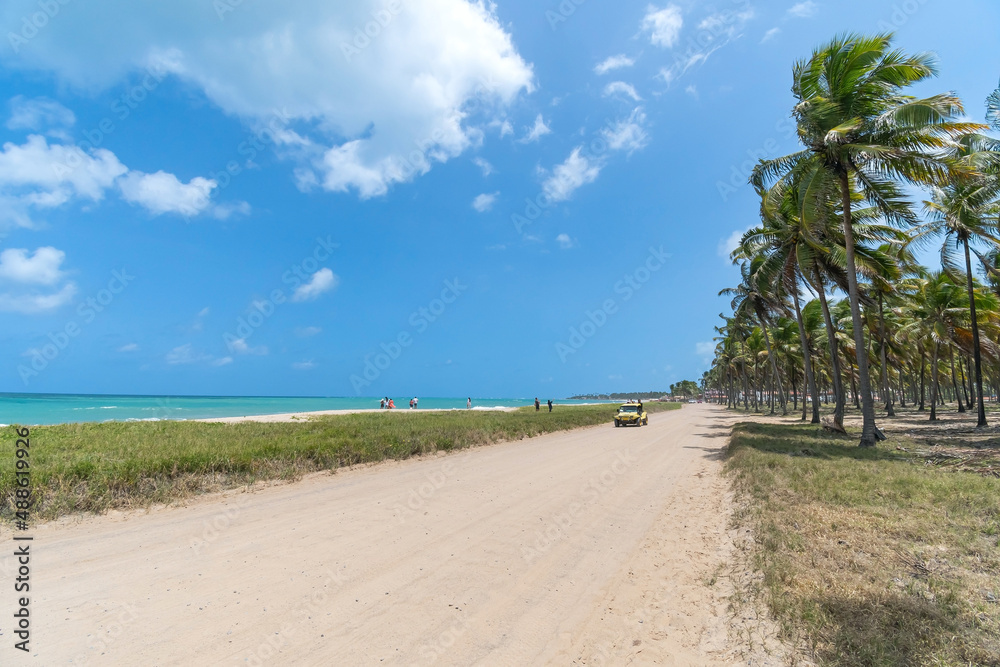 Maracaipe beach on a beautiful sunny day, brazilian northeast coast, at Ipojuca - PE, Brazil. Sandy road between coconut trees and the beautiful sea. Maracaipe beach on a beautiful sunny day, brazilian northeast coast, at Ipojuca - PE, Brazil. Sandy road between coconut trees and the beautiful sea.