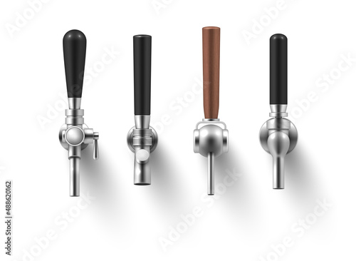 Collection realistic beer taps with brown and black handles different shape vector illustration