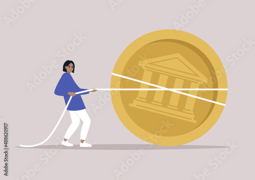 A startup funding: young character pulling a giant golden coin, tug of war in business, a fundraising campaign