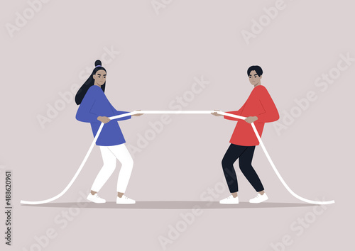 Tug of war, two Asian characters pulling a rope in opposite directions