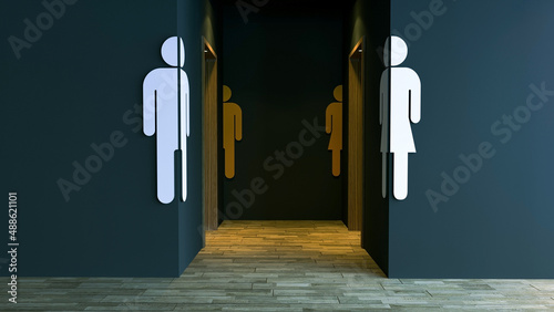 Public toilet entrance in modern cafes and public buildings with white signs 3d illustration