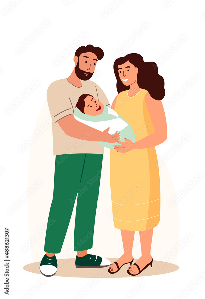 Happy family with newborn baby.Young parents and new born son or daughter in hands.Mother,father holding infant together with love.Parenthood concept.Flat vector illustration isolated white background Happy family with newborn baby.Young parents and new born son or daughter in hands.Mother,father holding infant together with love.Parenthood concept.Flat vector illustration isolated white background