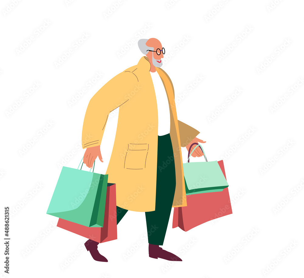Happy old Stylish man hold a lot of shopping bags.Fashion Pensioner shopper,purchases in hands.Buyer after sale.Fashionable customer carry many packs.Flat vector illustration isolated,white background