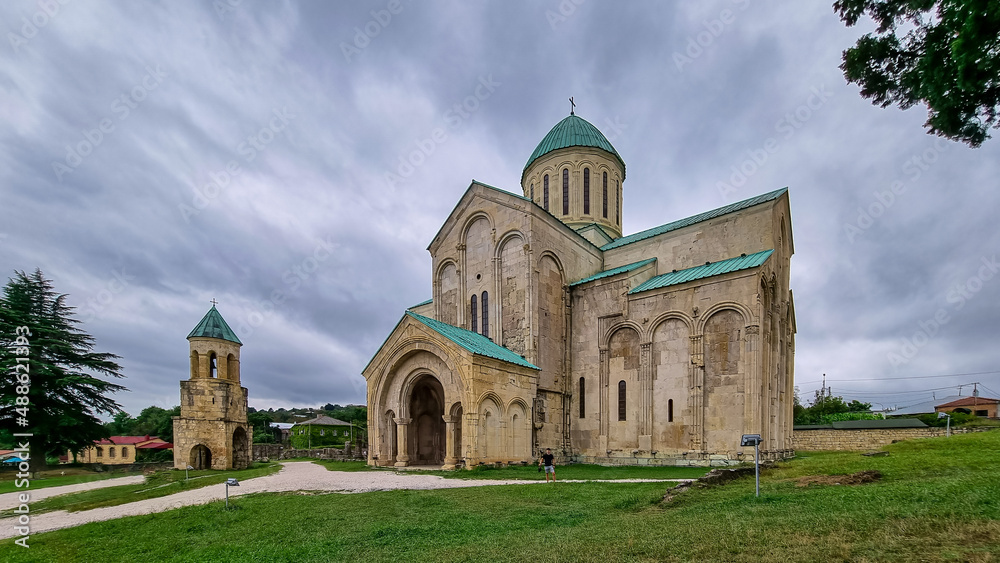 Panoramic view of Bagrati Cathedral in Kutaisi, Imereti, Georgia (Sakartvelo),Central Asia, Europe.Historical architecture of Kutaisi cathedral built in the 17th century.The Cathedral of the Dormition