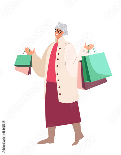 Happy old lady woman hold a lot of shopping bags.Fashion Pensioner shopper,purchases in hands.Buyer after sale.Fashionable customer carry many packs.Flat vector illustration isolated,white background
