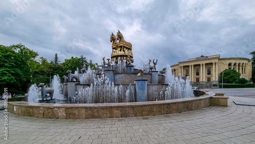 View to Colchis Fountain and Meskhishvili Theatre in the centre of Kutaisi, Imereti in Georgia. Fountain in Central Square, Imereti Province (Mkhare). Tourism. Sightseeing. Caucasus photo