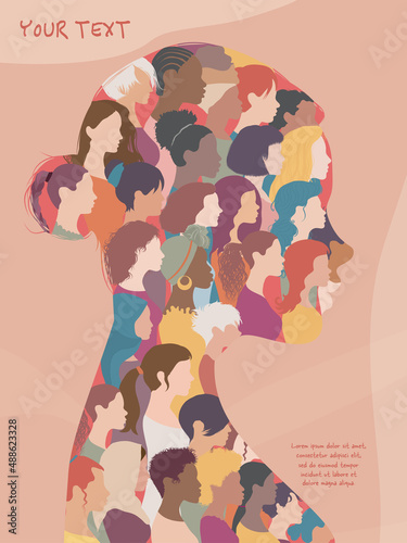 Profile silhouette group of many multicultural women and girls forming a woman head in profile. Female community of social network. Racial equality. Allyship. Empowerment. Cover - poster photo