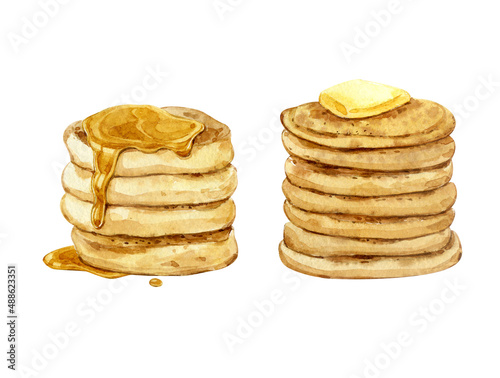 Watercolor clip art. Two types of pancakes. With butter and honey. Pancake Day.