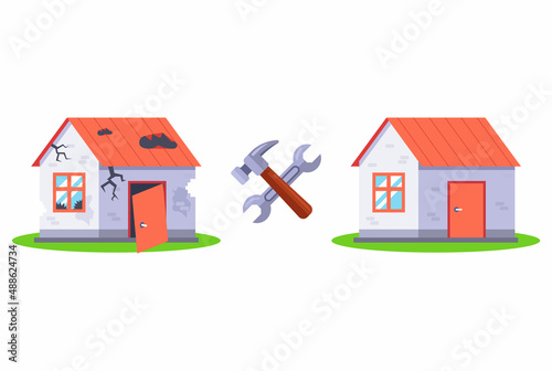 repair of a destroyed house. overhaul of a private house. flat vector illustration.